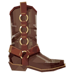 A large and sturdy looking boot. Waterlogged leather straps are laced throught shiny metal clasps.